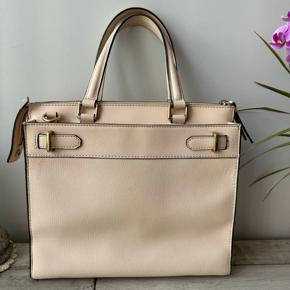 Calvin Klein Cream Roxy Leather Tote Crossbody Bag with Gold Accents